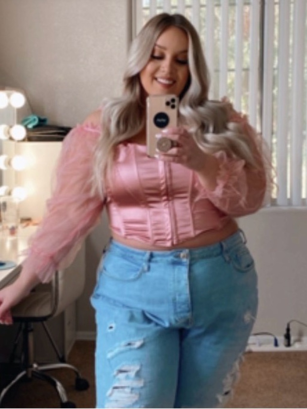 Pink Satin Corset Top with Sheer Puff Sleeves